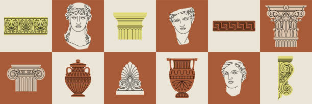 ilustrações de stock, clip art, desenhos animados e ícones de posters set with classical architectural details, sculptures and reliefs. - corinthian