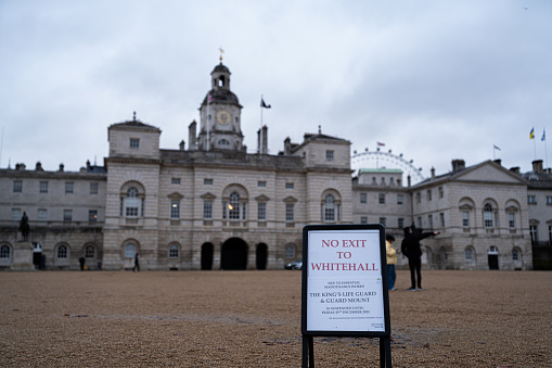 London, United Kingdom (UK) - December 13, 2023: Famous Tourist Spot Whitehall with Horse Stables and Guards Closed Due to Maintenance