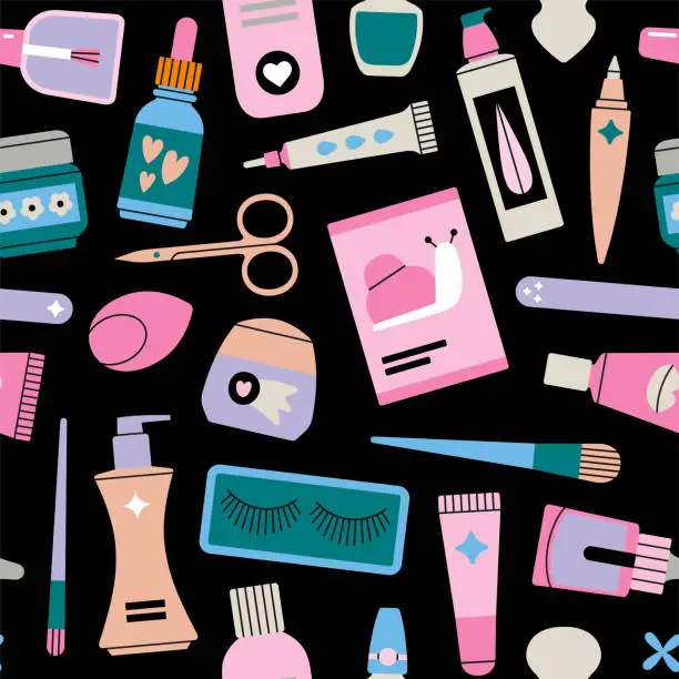 Vector illustration of Seamless pattern with various beauty products.