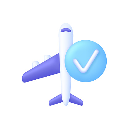 3D Correct and airplane icon. Confirmed flight. Accepted concept. Flight transport symbol. Travel concept. Trendy and modern vector in 3d style.