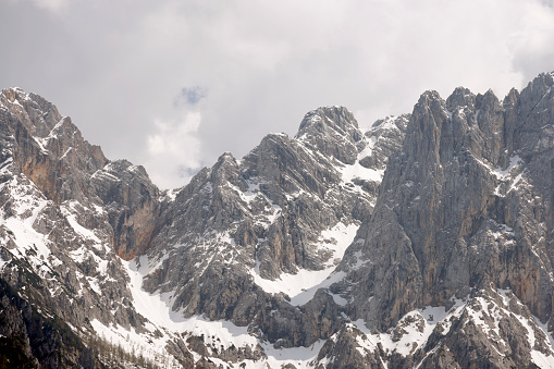 Amazing spring landscape of Skrlatica Peak (2740m) in the Julian Alps, Triglav National Park, Slovenia