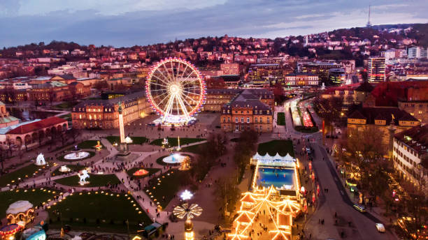 istock Drone point of view  on Stuttgart Christmas market - on Stuttgart Castle Square. 1888103382