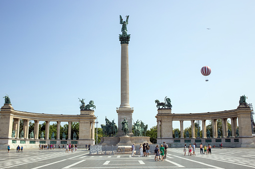 Budapest, Hungary - July 23, 2023:Millennium Monument on Heroes' Square, historic statue featuring the Seven Chieftains of the Magyars & other important national leaders, Budapest,Hungary. Front view.