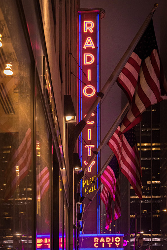 Radio City Music Hall with American Flags. December 2023. New York City, NY. USA