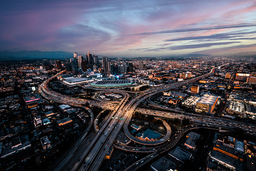 Amazing moment of the highway interchanges seen and photographed from a helicopter in Los Angeles Downtown.