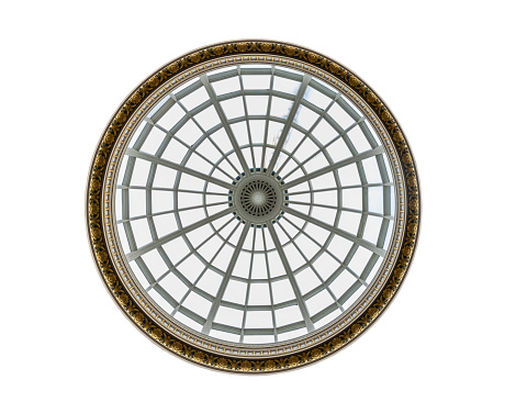 The high ceiling glass dome isolated on White background with clipping path. Ceiling dome architecture design of the skylight, Look up, Space for text, Selective focus.