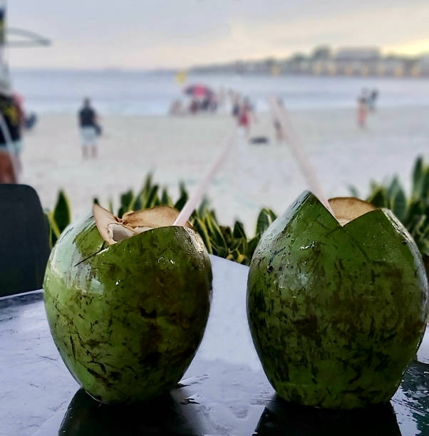 istock Two very cold coconuts on a table. Sunset on the beach in the background 1888377884