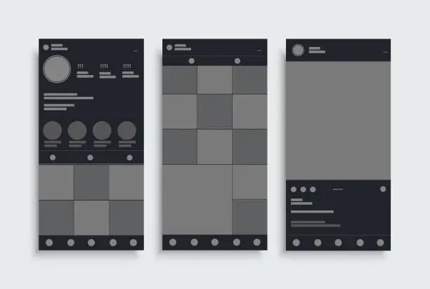 Vector illustration of Social media dark theme template. AI mockup UI.