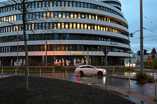 Duesseldorf, Germany, November 6, 2023 - Trivago headquarters in Duesseldorf's Media Harbor.