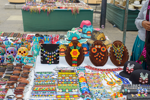 Accessories made with multicolored chaquira. Mexican handicrafts made with colorful stones.