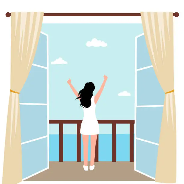 Vector illustration of A happy woman stands on the balcony and looks at the beach. A new day, new life, a good start vector illustration.