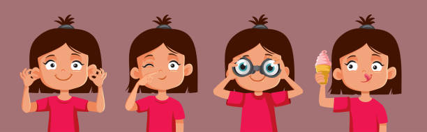 Vector Girl Depicting See, Hear, Smell, taste and Touch Senses Cheerful little child depicting the five senses in different ways pain points stock illustrations