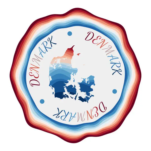 Vector illustration of Denmark badge. Map of the country with beautiful geometric waves and vibrant red blue frame. Vivid round Denmark logo. Vector illustration.