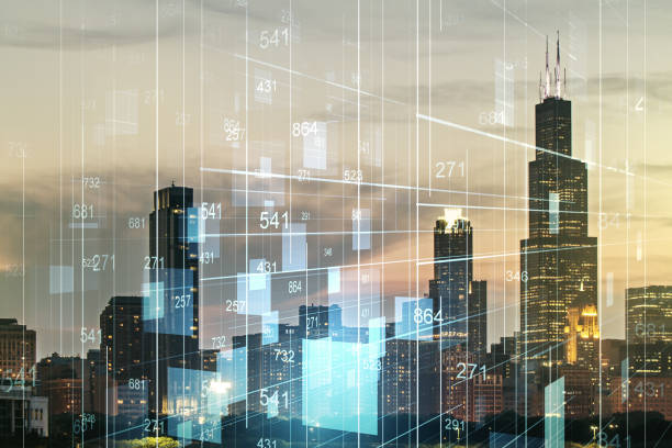 istock Multi exposure of abstract virtual graphic data spreadsheet sketch on Chicago cityscape background, analytics and analysis concept 1888769458