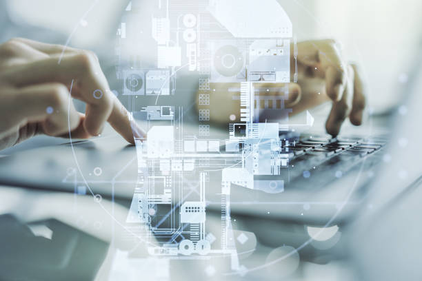 istock Double exposure of creative artificial Intelligence symbol with hands typing on laptop on background. Neural networks and machine learning concept 1888769463