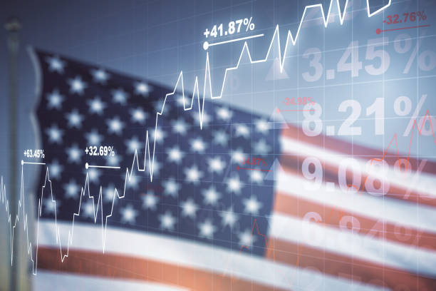 Double exposure of virtual creative financial diagram on US flag and blue sky background, banking and accounting concept stock photo