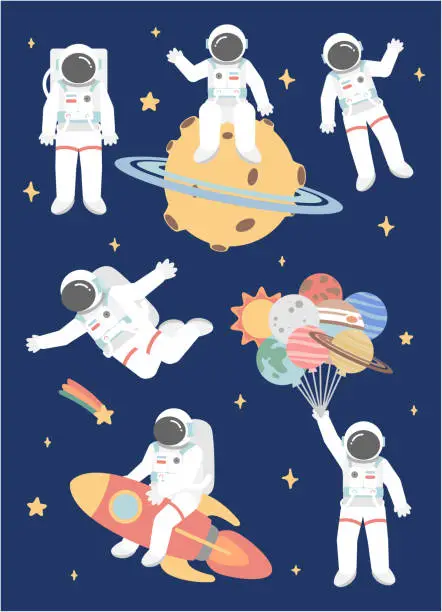 Vector illustration of Astronauts in space with rocket and spaceship. Space adventure illustration vector set. Various Cosmic stickers set.