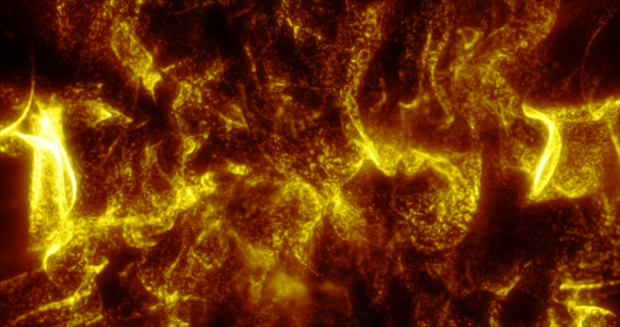 Abstract yellow waves and smoke from particles of energy magical bright glowing liquid, background.