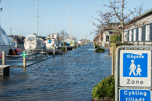 Chanaz/Chindrieux, Savoie, France, December 2, 2023, Following heavy rain, flooding of the plain between Chanaz and Chindrieux, from Lac du Bourget to the Rhône River.\nflooded roads.