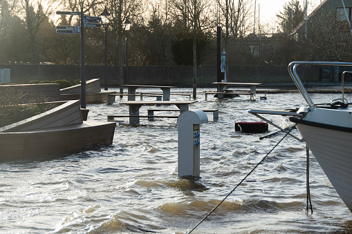 Flooding of streams in a harbors on Fyn in the town Bogense   in Denmark/Scandinavia