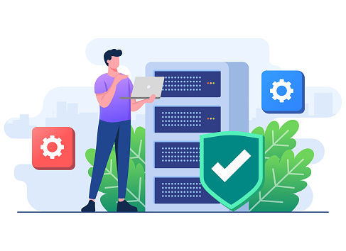 Flat-style vector illustration of Database protection, Cyber security, Data Center, File management, cloud storage, Privacy data protection concept for website banner, online advertisement, marketing material, business presentation, poster, landing page, and infographic