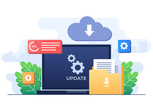 Flat-style vector illustration of Upgrading operating system, System update, System maintenance, Update program and application, Error fixing, troubleshooting, Device update, Software upgrade process concept for website banner, online advertisement, marketing material, business presentation, poster, landing page, and infographic