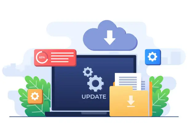 Vector illustration of Upgrading operating system flat illustration, System update, System maintenance, Update program and application, Error fixing, troubleshooting, Device update, Software upgrade process