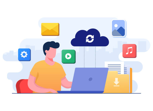Man working with cloud computing and database service, Synchronize data, Secure file sharing, Upload and download files in the cloud server, Data backup, Online cloud storage Flat-style vector illustration of man working with cloud computing and database service, Synchronize data, Secure file sharing, Upload and download files in the cloud server, Data backup, Online cloud storage concept for website banner, online advertisement, marketing material, business presentation, poster, landing page, and infographic synchronize stock illustrations