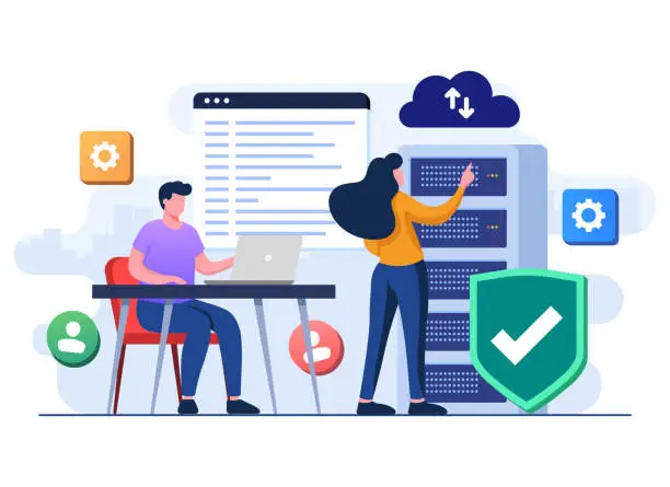 Vector illustration of Software engineers with cloud data storage security, Cyber security, Database storage, Online hosting technology, Cloud Protection, Data backup, File sharing, Secure personal data flat illustration