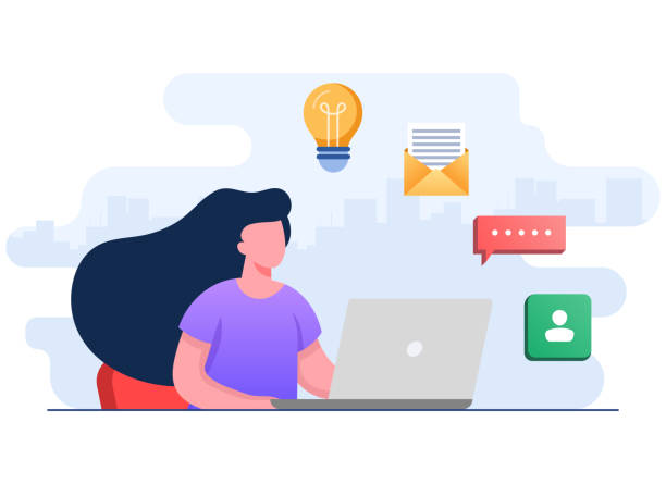 istock Young businesswoman working on computer flat illustration concept, Freelancer at a convenient workplace 1888899685