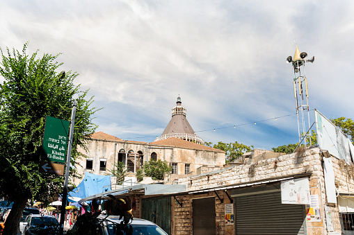 Nazareth, Israel, September 17, 2023 : Street view of dome of the Church of the Annunciation in the Nazareth city in northern Israel