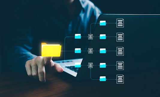 Document Management System DMS, Business processes, pointing folder icon to use technology software for management document, Smart office paperless, Digital document, Online file, Data storage.