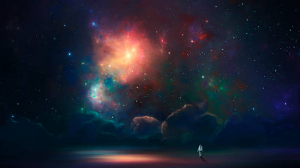 istock Space background. Astronaut standing on reflection surface with colorful fractal nebula. Digital painting, 3D rendering 1888949637