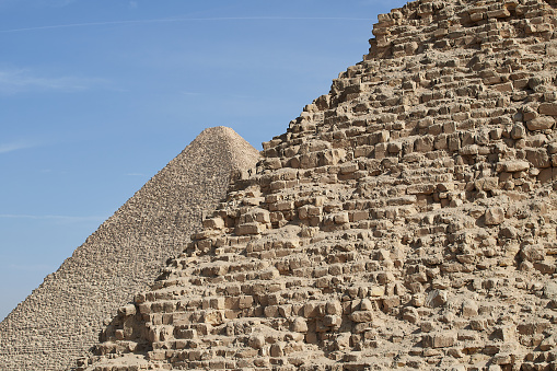 Close view of two Giza pyramids: Khafre pyramid in the front and Khufu in the back