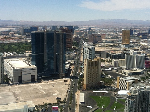 Las Vegas Strip Boulevard view from high angle, skyscraper, Nevada USA, June 2015