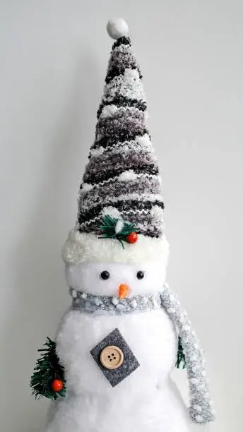 Funny snowman in a stylish hat and scarf. Portrait of a snowman.