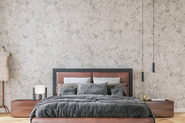 istock Front view of a luxury bedroom with  leather double bed and decoration 1889023976