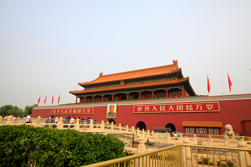 Tiananmen Square, Beijing, China and Gate of Heavenly Peace (Tian An Men). Tiananmen Square is a famous landmark in Beijing. Tiananmen leads to the Forbidden City.