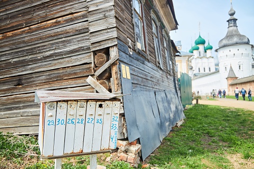 Rostov Veliky, Russia - May 05, 2022: Old wooden building. A walk through the old center