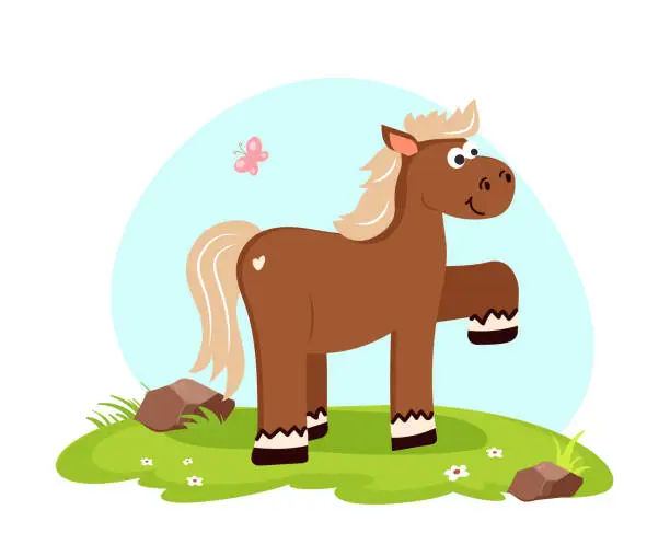 Vector illustration of Cute horse vector flat illustration with landscape isolated on white background. Farm animals cartoon horse character.