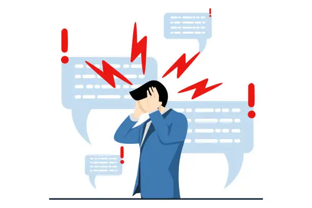 Vector illustration of Panic concept, Businessman character covers ears with hands to stop noise with speech bubble. Fake news, boosting, advertising noise, disinformation. flat vector illustration on white background.