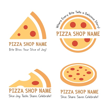 Diverse Pizza Logo Set: 4 Designs with Brand, Tagline, Whole, Slice, Isometric Style. Versatile Vector Art for Unique Pizza Branding. Clipart and Illustration Compilation for Maximum Visual Impact