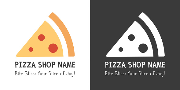 Simple Pizza Logo Vector Design: Colored, Flat Slice with Brand Name and Tagline. Inverted Silhouette White Logo on Black Background. Pizza Icon Vector Illustration for Your Branding Needs