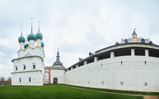Rostov Veliky, Russia - May 05, 2022: Rostov Kremlin. Medieval defensive and church building of the 17th century.