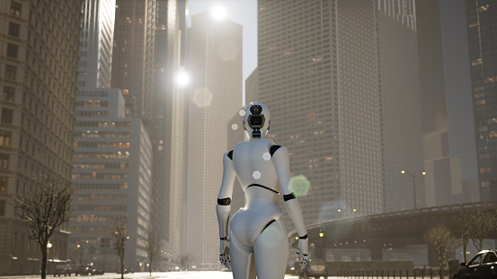 female robot walking along a street in a big city. humanoid AI robot crossing street. 3d animation. future automation job