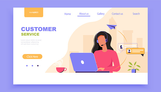 Customer service landing page template. Woman with headphones and microphone with laptop. Concept illustration for online global technical support, help, hotline, call center. Flat vector illustration