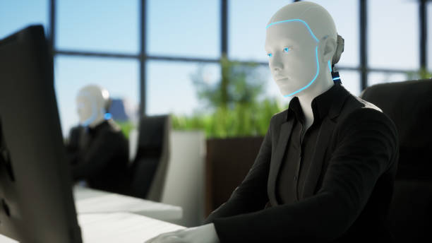 istock 3d render of humanoid robots working in modern office, future concept 1889101419