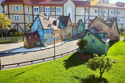 Sochi, Russia - April 12, 2020: Fabulous houses in front of the Sochi Park entertainment complex.