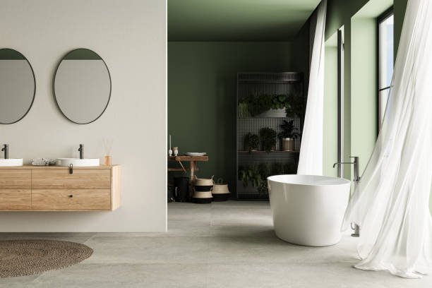 istock Modern minimalist bathroom interior, bathroom cabinet, double sink, wooden vanity, interior plants, bathroom accessories, bathtub, sea view, white and green wall, concrete floor 1889123871