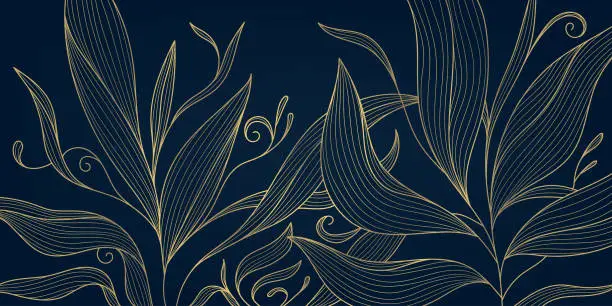 Vector illustration of Vector artdeco floral pattern, gold flower wallpaper, leaves japanese style illustration. Elegant, fancy drawing.